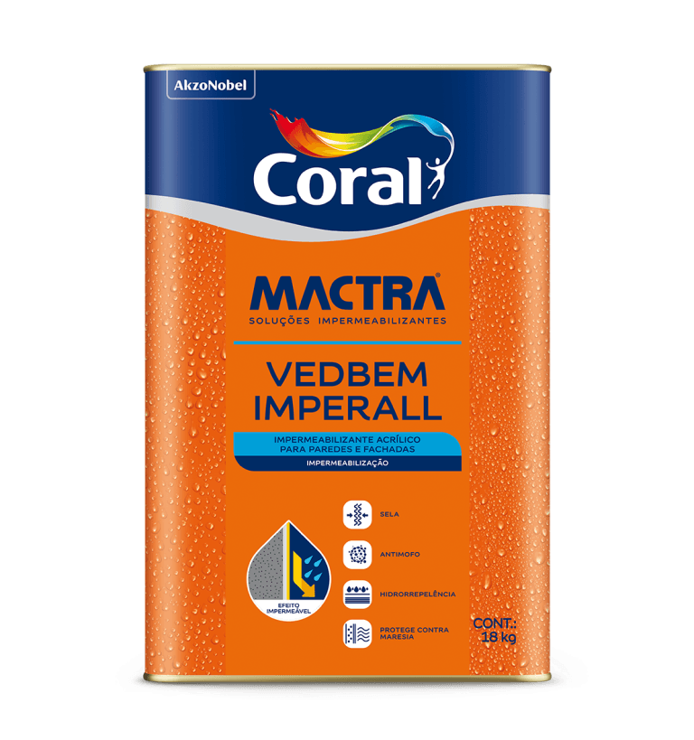 Descrição do Produto VEDBEM IMPERALL é um impermeabilizante para exteriores, indicado contra batida de chuva na parede e contra os consequentes males que a infiltração provoca Materiais de aplicação Broxa, pincel ou trincha, rolo de lã, airless. Saúde e Segurança É recomendado usar luvas e óculos de segurança na hora de aplicar. Para mais informações, consultar o rótulo e a Ficha de Segurança (FISPQ) do produto. rio verde material de construção