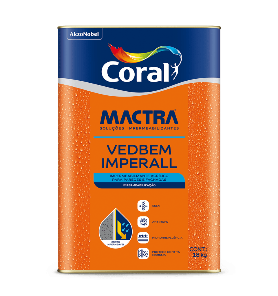 Descrição do Produto VEDBEM IMPERALL é um impermeabilizante para exteriores, indicado contra batida de chuva na parede e contra os consequentes males que a infiltração provoca Materiais de aplicação Broxa, pincel ou trincha, rolo de lã, airless. Saúde e Segurança É recomendado usar luvas e óculos de segurança na hora de aplicar. Para mais informações, consultar o rótulo e a Ficha de Segurança (FISPQ) do produto. rio verde material de construção